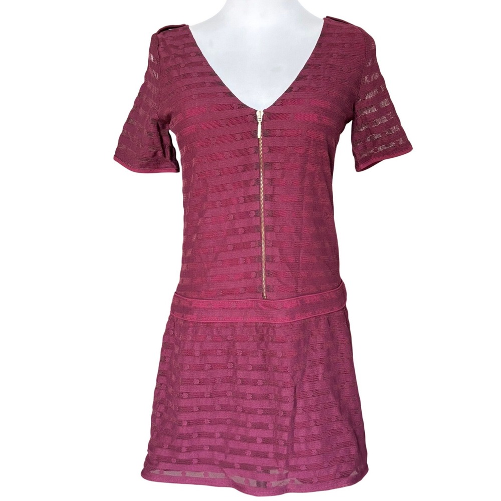 Sezane Drop Waist Mini Dress Size S‎ Burgundy Red Front Zip Sheer